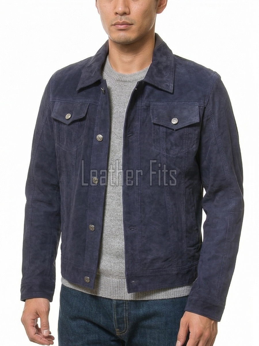 Men Navy Blue Suede Trucker Jacket | Premium Genuine Midnight Indigo Leather Western Shacket | Vintage Casual Button Up Fitted Outerwear