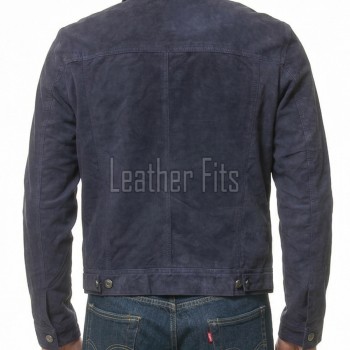 Men Navy Blue Suede Trucker Jacket | Premium Genuine Midnight Indigo Leather Western Shacket | Vintage Casual Button Up Fitted Outerwear