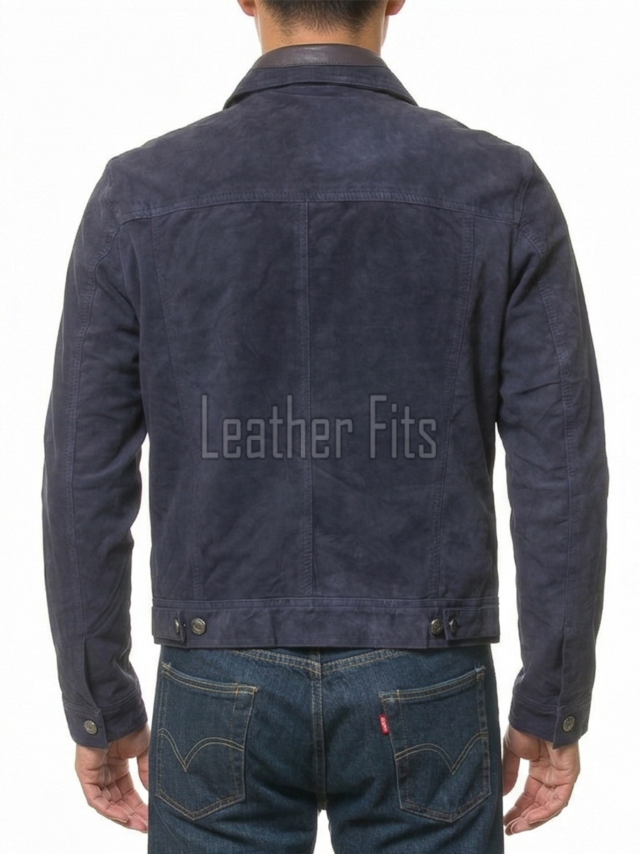 Men Navy Blue Suede Trucker Jacket | Premium Genuine Midnight Indigo Leather Western Shacket | Vintage Casual Button Up Fitted Outerwear