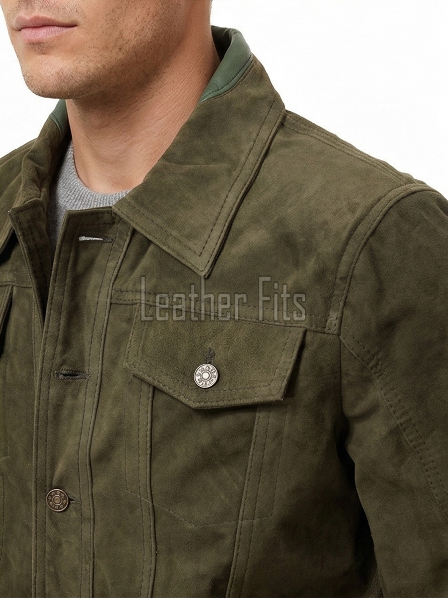 Men Olive Green Suede Trucker Jacket | Premium Genuine Khaki Army Moss Leather Shacket | Vintage Western Button Up Tailored Slim Fit Coat