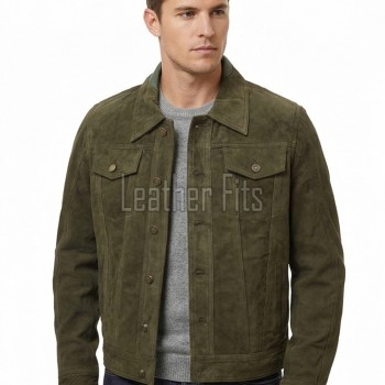 Men Olive Green Suede Trucker Jacket | Premium Genuine Khaki Army Moss Leather Shacket | Vintage Western Button Up Tailored Slim Fit Coat