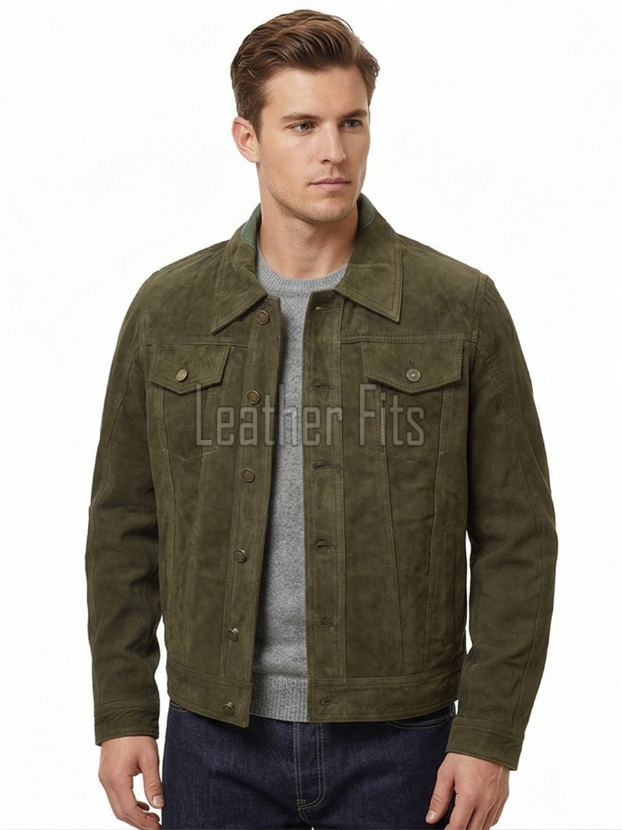 Men Olive Green Suede Trucker Jacket | Premium Genuine Khaki Army Moss Leather Shacket | Vintage Western Button Up Tailored Slim Fit Coat