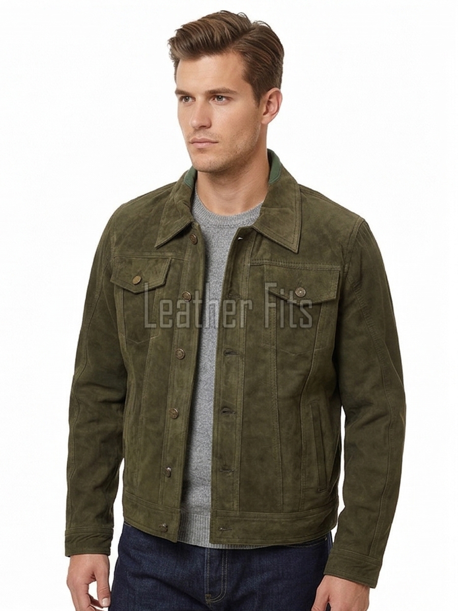 Men Olive Green Suede Trucker Jacket | Premium Genuine Khaki Army Moss Leather Shacket | Vintage Western Button Up Tailored Slim Fit Coat