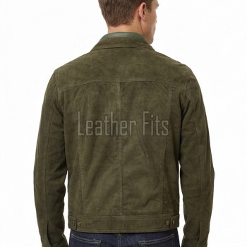 Men Olive Green Suede Trucker Jacket | Premium Genuine Khaki Army Moss Leather Shacket | Vintage Western Button Up Tailored Slim Fit Coat