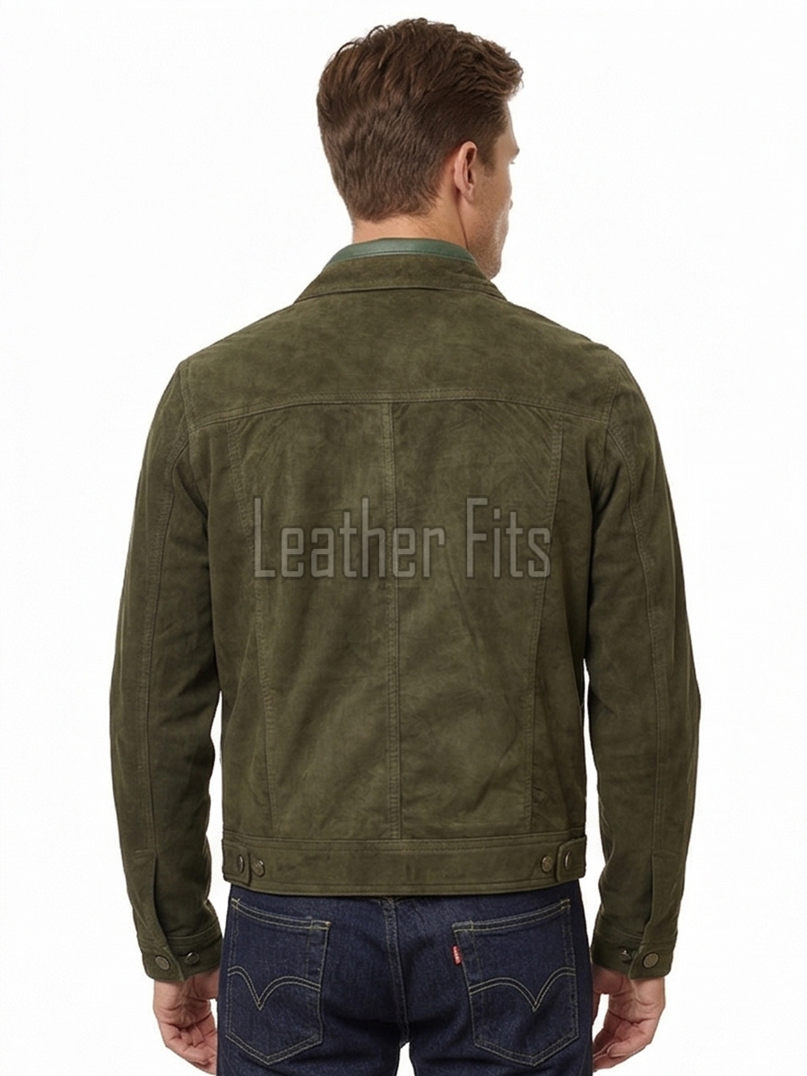 Men Olive Green Suede Trucker Jacket | Premium Genuine Khaki Army Moss Leather Shacket | Vintage Western Button Up Tailored Slim Fit Coat