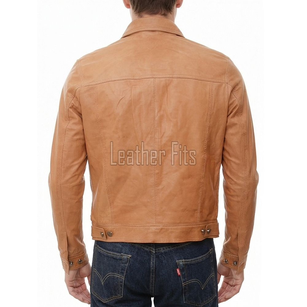 Men Tan Leather Trucker Jacket | Premium Genuine Camel Nappa Sheepskin Western Outerwear | Vintage Cognac Button Up Fitted Casual Shacket