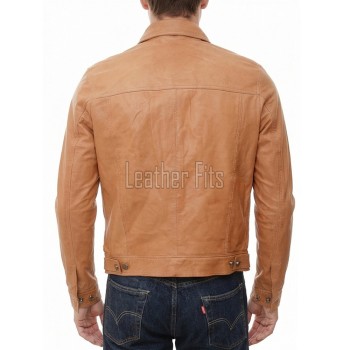 Men Tan Leather Trucker Jacket | Premium Genuine Camel Nappa Sheepskin Western Outerwear | Vintage Cognac Button Up Fitted Casual Shacket