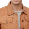 Men Tan Leather Trucker Jacket | Premium Genuine Camel Nappa Sheepskin Western Outerwear | Vintage Cognac Button Up Fitted Casual Shacket