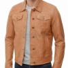 Men Tan Leather Trucker Jacket | Premium Genuine Camel Nappa Sheepskin Western Outerwear | Vintage Cognac Button Up Fitted Casual Shacket