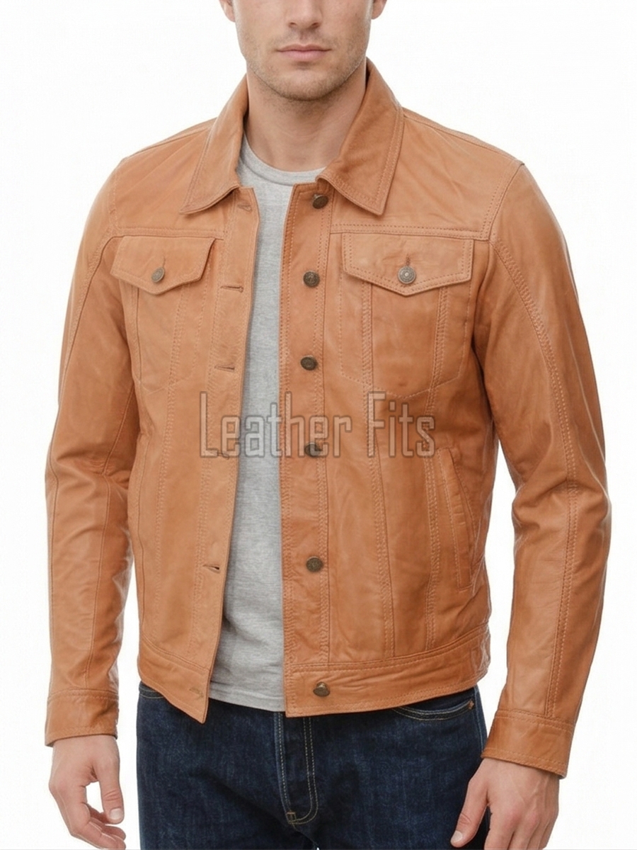 Men Tan Leather Trucker Jacket | Premium Genuine Camel Nappa Sheepskin Western Outerwear | Vintage Cognac Button Up Fitted Casual Shacket