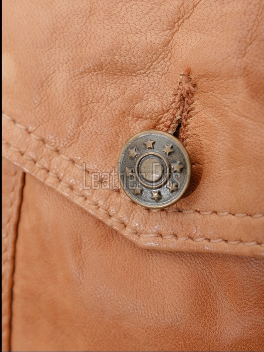 Men Tan Leather Trucker Jacket | Premium Genuine Camel Nappa Sheepskin Western Outerwear | Vintage Cognac Button Up Fitted Casual Shacket