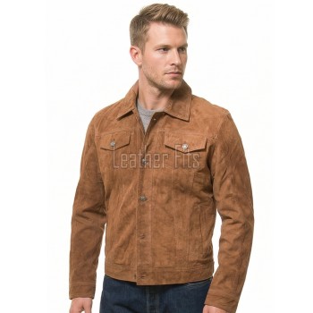 Men Tobacco Brown Suede Trucker Jacket | Premium Genuine Rust Copper Leather Western Outerwear | Vintage Button Up Fitted Luxury Shacket