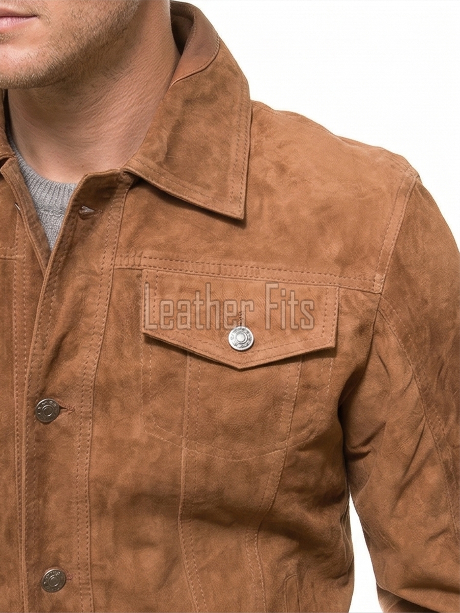 Men Tobacco Brown Suede Trucker Jacket | Premium Genuine Rust Copper Leather Western Outerwear | Vintage Button Up Fitted Luxury Shacket