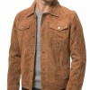 Men Tobacco Brown Suede Trucker Jacket | Premium Genuine Rust Copper Leather Western Outerwear | Vintage Button Up Fitted Luxury Shacket