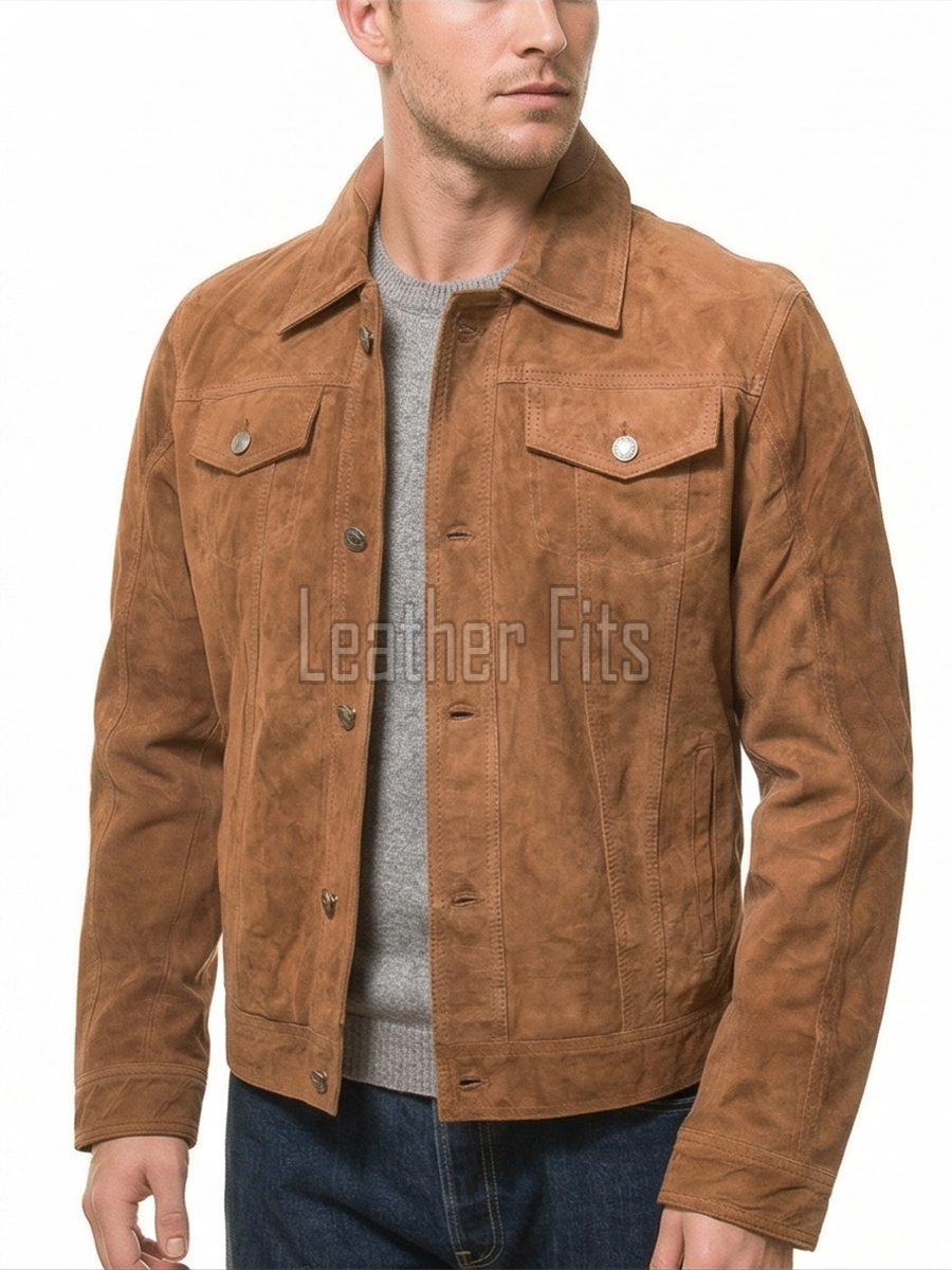 Men Tobacco Brown Suede Trucker Jacket | Premium Genuine Rust Copper Leather Western Outerwear | Vintage Button Up Fitted Luxury Shacket