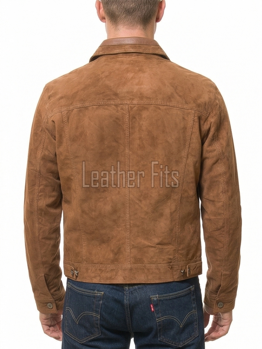 Men Tobacco Brown Suede Trucker Jacket | Premium Genuine Rust Copper Leather Western Outerwear | Vintage Button Up Fitted Luxury Shacket