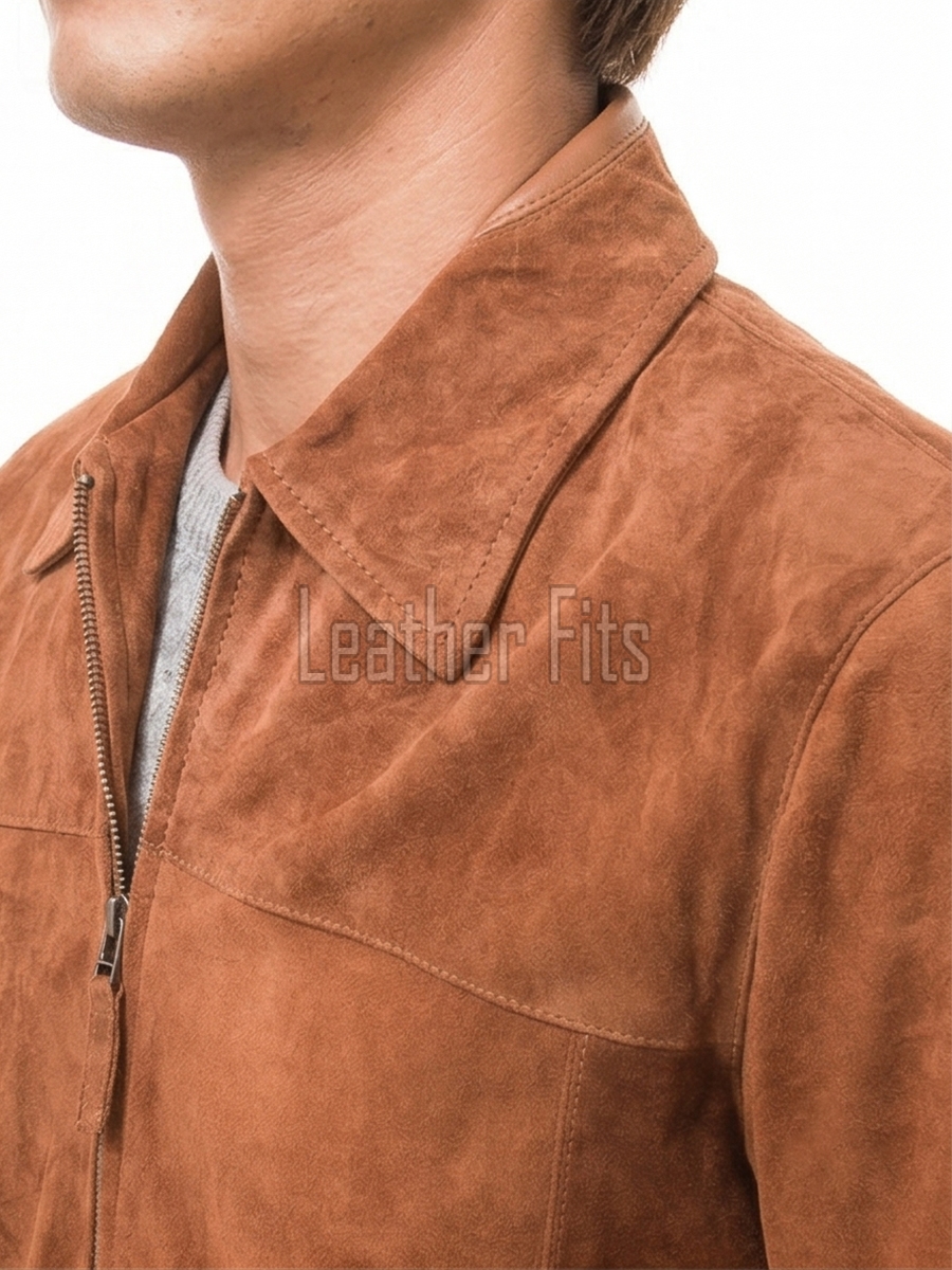Men Harvest Ginger Suede Zipper Jacket | Premium Genuine Cinnamon Tan Leather Casual Blouson | Minimalist Western Clean Panels Harrington Slim Fit