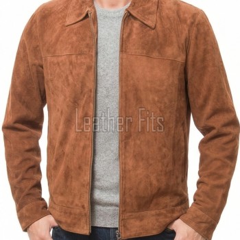 Men Harvest Ginger Suede Zipper Jacket | Premium Genuine Cinnamon Tan Leather Casual Blouson | Minimalist Western Clean Panels Harrington Slim Fit