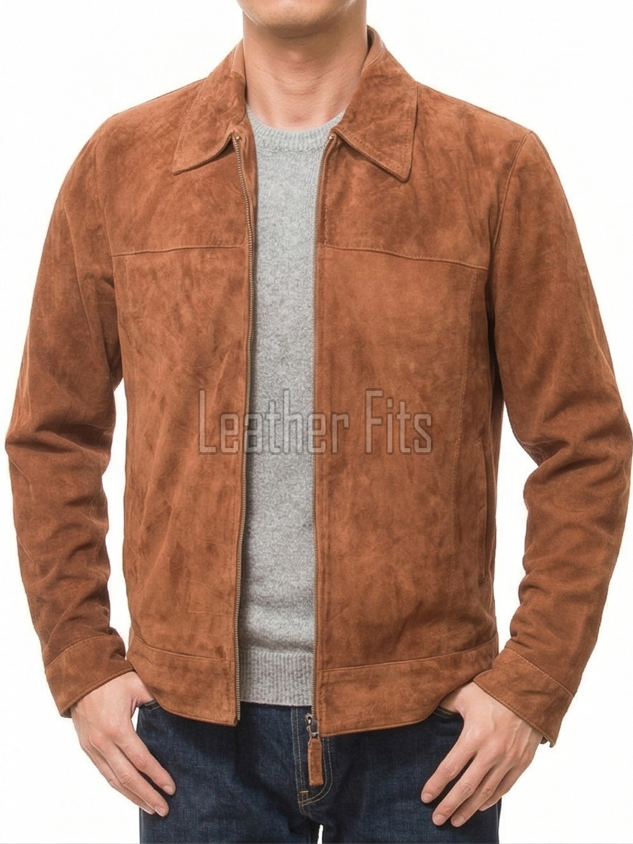 Men Harvest Ginger Suede Zipper Jacket | Premium Genuine Cinnamon Tan Leather Casual Blouson | Minimalist Western Clean Panels Harrington Slim Fit