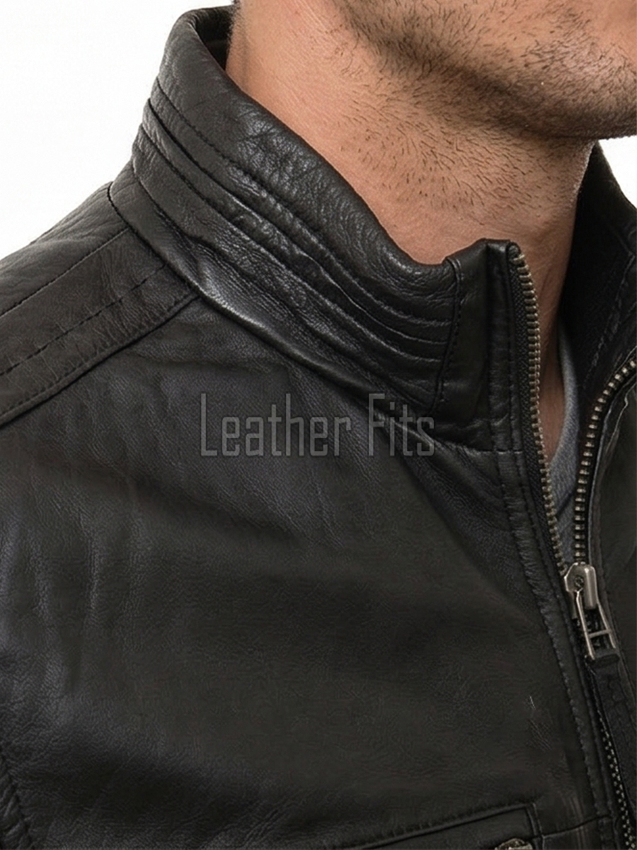 Men Black Leather Moto Racer Jacket | Premium Genuine Washed Lambskin Cafe Racer Biker Outerwear | Vintage Slim Fit Distressed Zipper Blouson