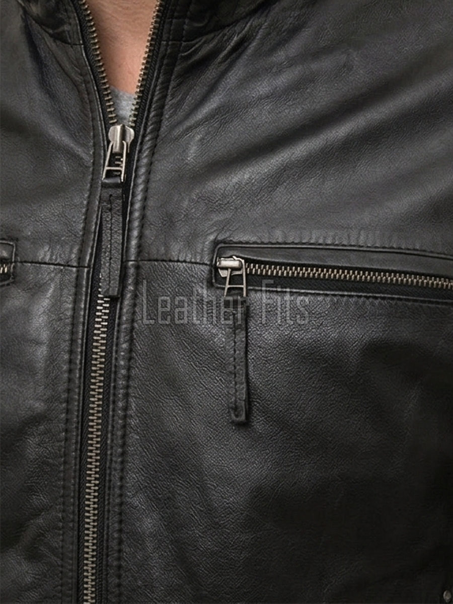 Men Black Leather Moto Racer Jacket | Premium Genuine Washed Lambskin Cafe Racer Biker Outerwear | Vintage Slim Fit Distressed Zipper Blouson