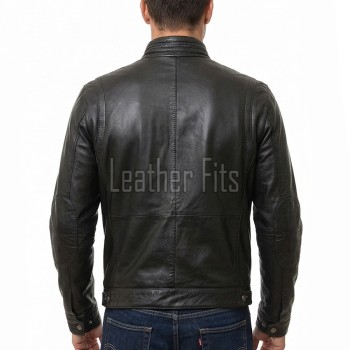 Men Black Leather Moto Racer Jacket | Premium Genuine Washed Lambskin Cafe Racer Biker Outerwear | Vintage Slim Fit Distressed Zipper Blouson
