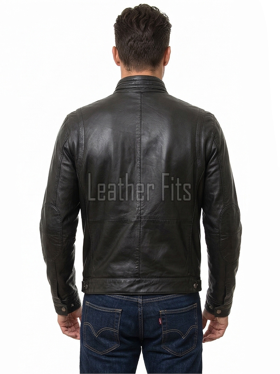 Men Black Leather Moto Racer Jacket | Premium Genuine Washed Lambskin Cafe Racer Biker Outerwear | Vintage Slim Fit Distressed Zipper Blouson