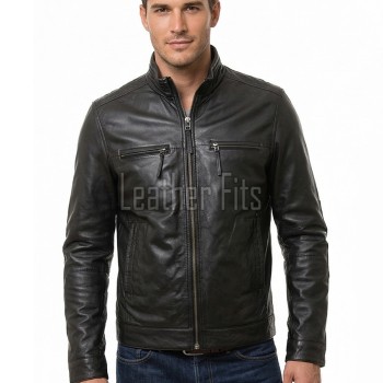 Men Black Leather Moto Racer Jacket | Premium Genuine Washed Lambskin Cafe Racer Biker Outerwear | Vintage Slim Fit Distressed Zipper Blouson