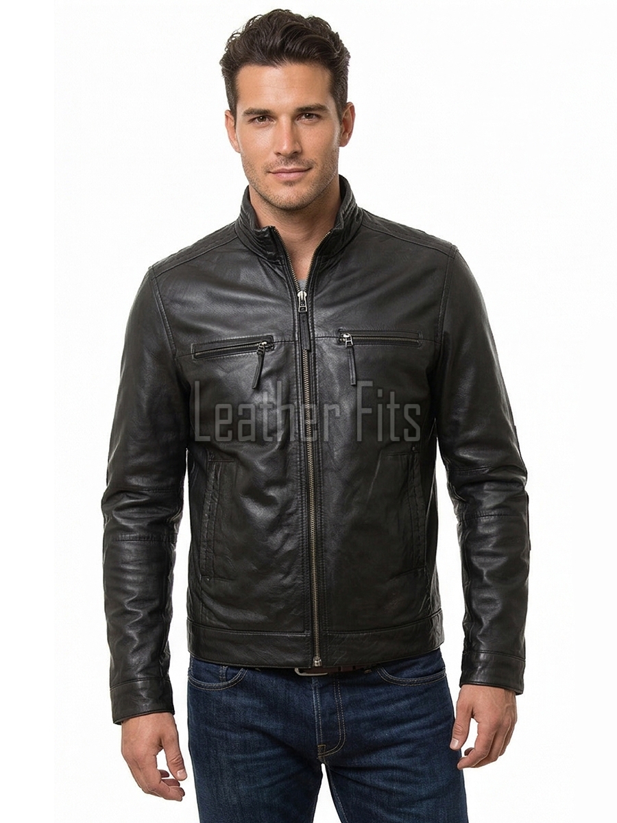 Men Black Leather Moto Racer Jacket | Premium Genuine Washed Lambskin Cafe Racer Biker Outerwear | Vintage Slim Fit Distressed Zipper Blouson