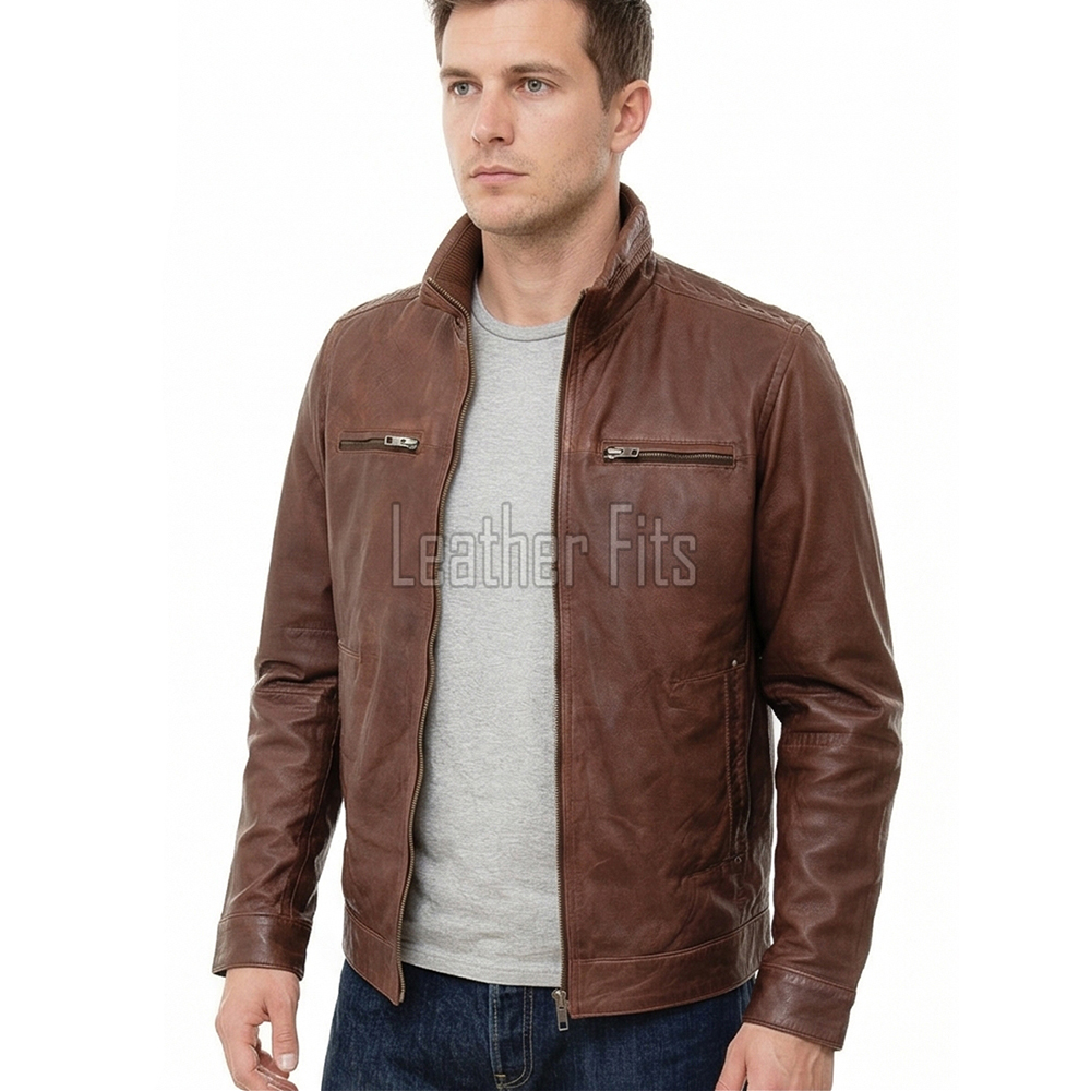 Men Biscuit Tan Leather Racer Jacket | Premium Genuine Soft Lambskin Cafe Biker Outerwear | Vintage Camel Beige Stand Collar Zip Slim Fit Blouson