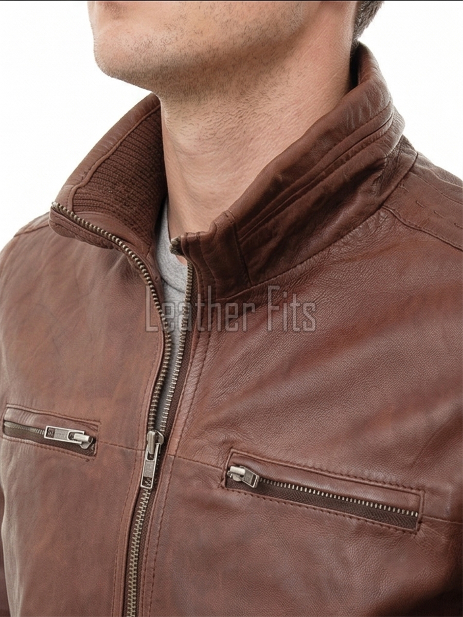 Men Biscuit Tan Leather Racer Jacket | Premium Genuine Soft Lambskin Cafe Biker Outerwear | Vintage Camel Beige Stand Collar Zip Slim Fit Blouson