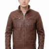 Men Biscuit Tan Leather Racer Jacket | Premium Genuine Soft Lambskin Cafe Biker Outerwear | Vintage Camel Beige Stand Collar Zip Slim Fit Blouson