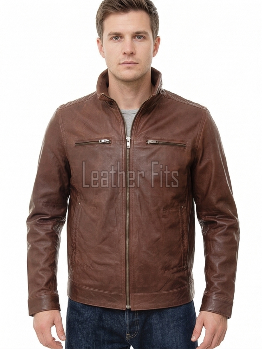 Men Biscuit Tan Leather Racer Jacket | Premium Genuine Soft Lambskin Cafe Biker Outerwear | Vintage Camel Beige Stand Collar Zip Slim Fit Blouson
