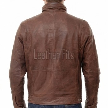 Men Biscuit Tan Leather Racer Jacket | Premium Genuine Soft Lambskin Cafe Biker Outerwear | Vintage Camel Beige Stand Collar Zip Slim Fit Blouson