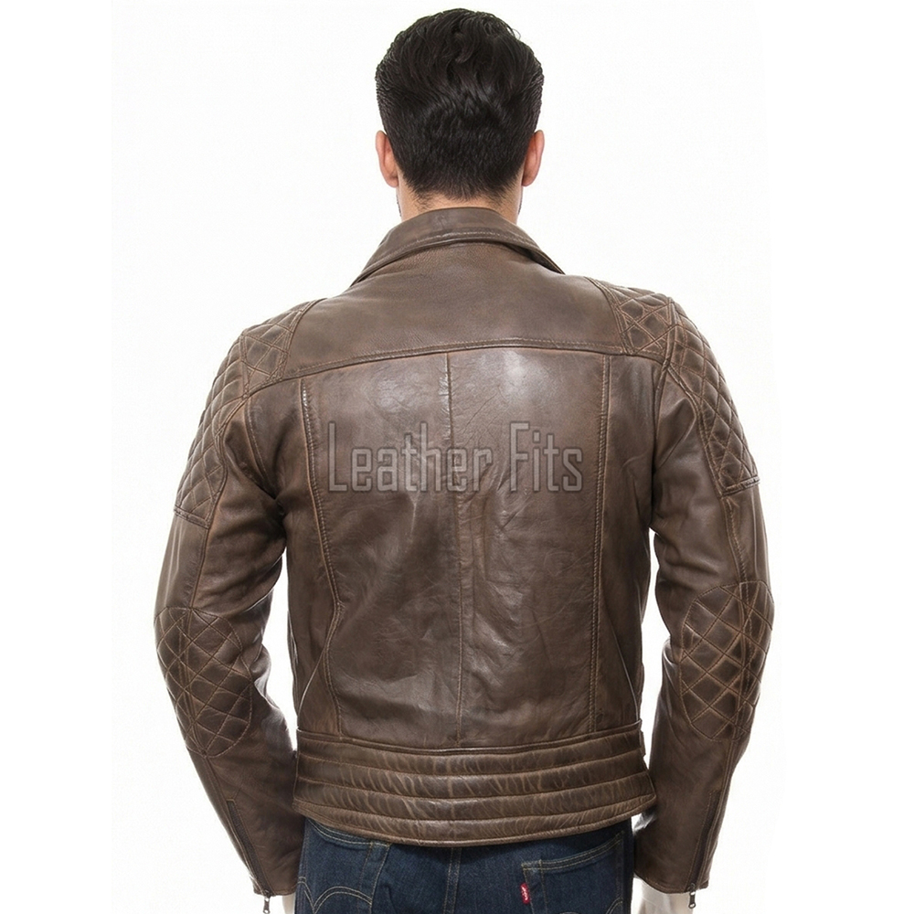 Men Vintage Bronze Leather Biker Jacket | Premium Genuine Burnished Lambskin Double Rider | Diamond Quilted Shoulder Asymmetric Zipper Coat
