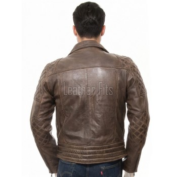 Men Vintage Bronze Leather Biker Jacket | Premium Genuine Burnished Lambskin Double Rider | Diamond Quilted Shoulder Asymmetric Zipper Coat