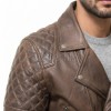 Men Vintage Bronze Leather Biker Jacket | Premium Genuine Burnished Lambskin Double Rider | Diamond Quilted Shoulder Asymmetric Zipper Coat