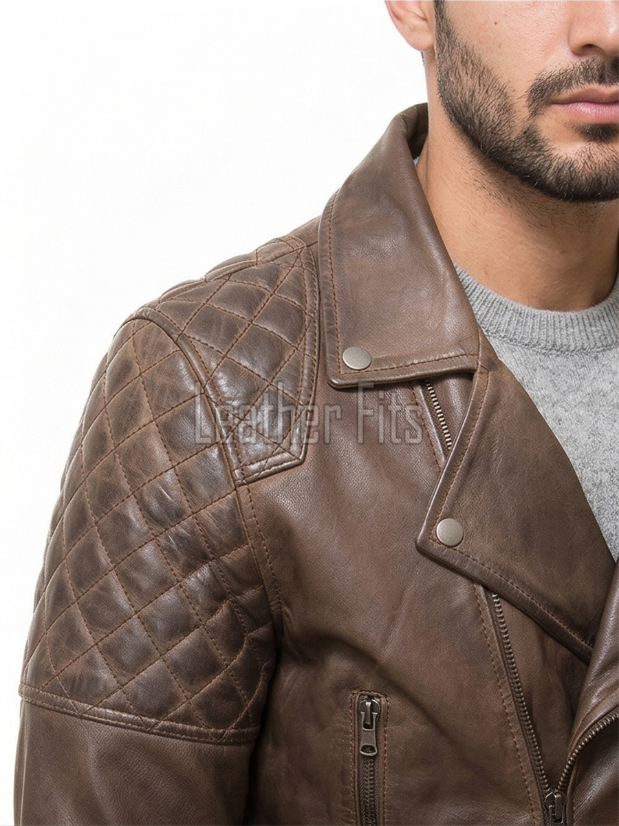 Men Vintage Bronze Leather Biker Jacket | Premium Genuine Burnished Lambskin Double Rider | Diamond Quilted Shoulder Asymmetric Zipper Coat