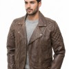 Men Vintage Bronze Leather Biker Jacket | Premium Genuine Burnished Lambskin Double Rider | Diamond Quilted Shoulder Asymmetric Zipper Coat
