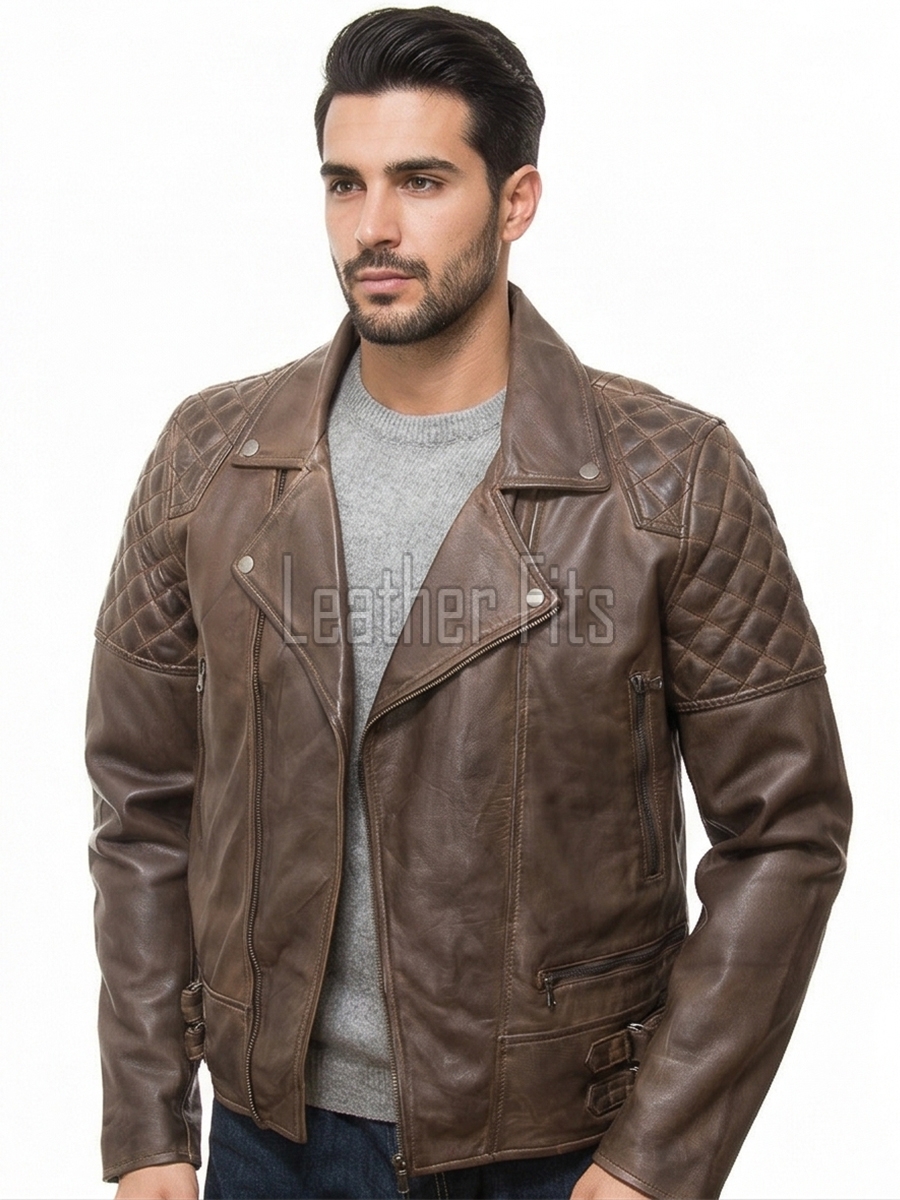Men Vintage Bronze Leather Biker Jacket | Premium Genuine Burnished Lambskin Double Rider | Diamond Quilted Shoulder Asymmetric Zipper Coat