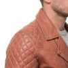 Men Apricot Tan Leather Biker Jacket | Premium Genuine Supple Lambskin Double Rider | Diamond Quilted Shoulder Asymmetric Zipper Retro Coat