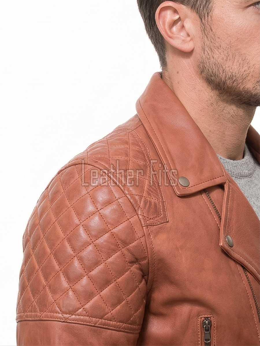 Men Apricot Tan Leather Biker Jacket | Premium Genuine Supple Lambskin Double Rider | Diamond Quilted Shoulder Asymmetric Zipper Retro Coat