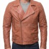 Men Apricot Tan Leather Biker Jacket | Premium Genuine Supple Lambskin Double Rider | Diamond Quilted Shoulder Asymmetric Zipper Retro Coat