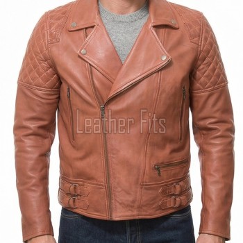 Men Apricot Tan Leather Biker Jacket | Premium Genuine Supple Lambskin Double Rider | Diamond Quilted Shoulder Asymmetric Zipper Retro Coat
