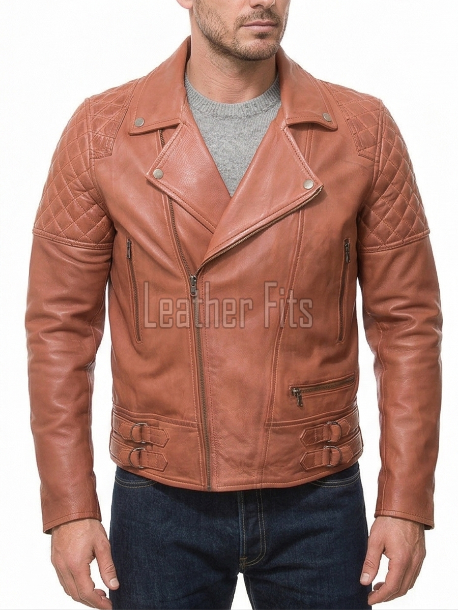 Men Apricot Tan Leather Biker Jacket | Premium Genuine Supple Lambskin Double Rider | Diamond Quilted Shoulder Asymmetric Zipper Retro Coat