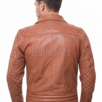 Men Apricot Tan Leather Biker Jacket | Premium Genuine Supple Lambskin Double Rider | Diamond Quilted Shoulder Asymmetric Zipper Retro Coat
