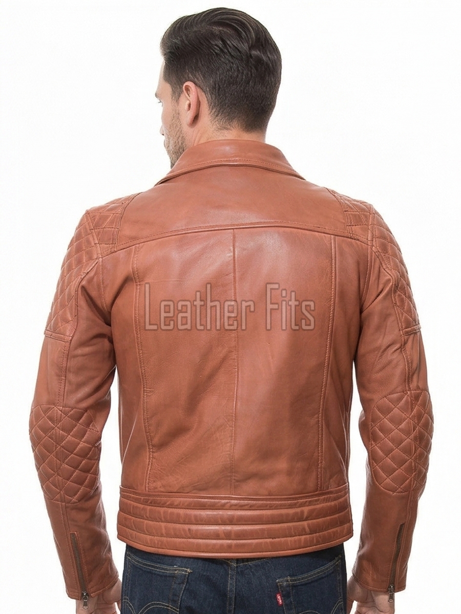 Men Apricot Tan Leather Biker Jacket | Premium Genuine Supple Lambskin Double Rider | Diamond Quilted Shoulder Asymmetric Zipper Retro Coat