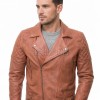 Men Apricot Tan Leather Biker Jacket | Premium Genuine Supple Lambskin Double Rider | Diamond Quilted Shoulder Asymmetric Zipper Retro Coat