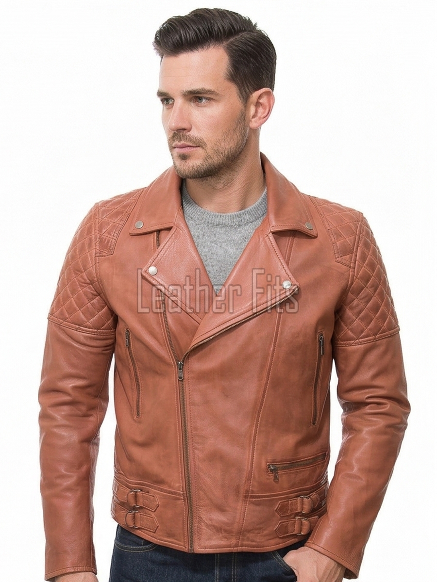 Men Apricot Tan Leather Biker Jacket | Premium Genuine Supple Lambskin Double Rider | Diamond Quilted Shoulder Asymmetric Zipper Retro Coat