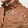 Men Toffee Oak Leather Puffer Jacket | Premium Genuine Soft Lambskin Cafe Racer Outerwear | Vintage Camel Horizontal Stitched Channel Slim Fit Blouson